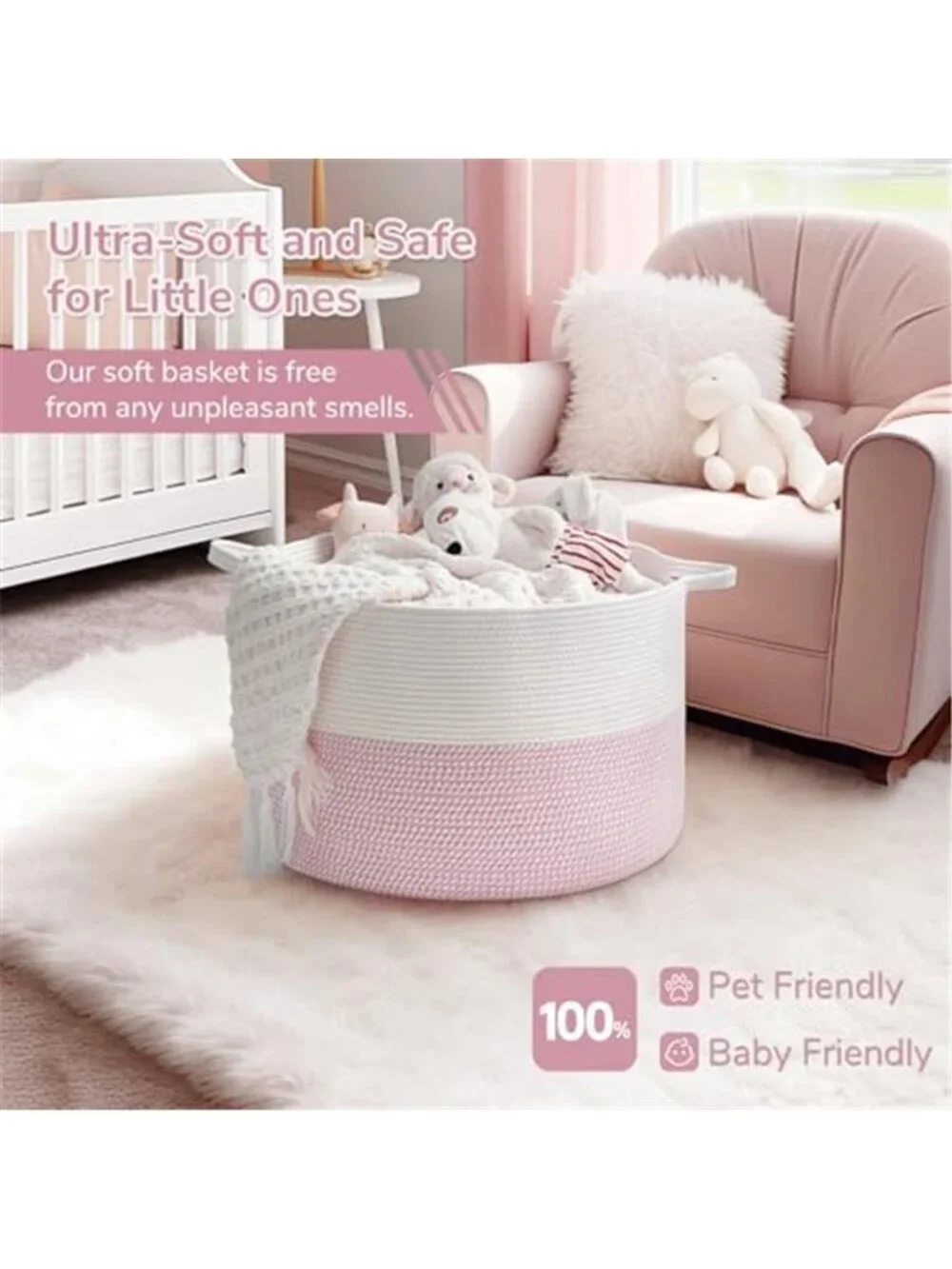 New XXXLarge Woven Rope Blanket Basket Living Room Pink, 90L